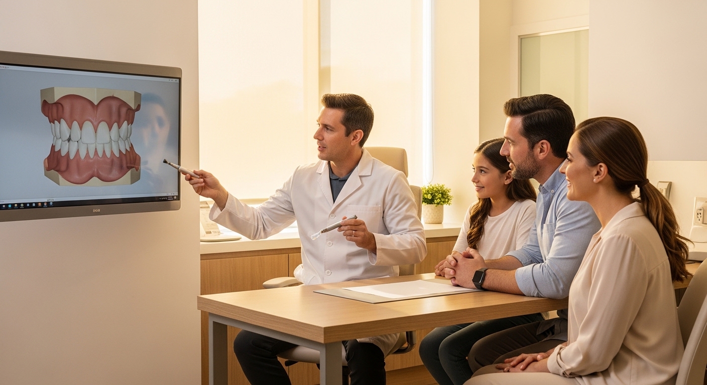 Family consulting with a dentist in a modern, welcoming clinic