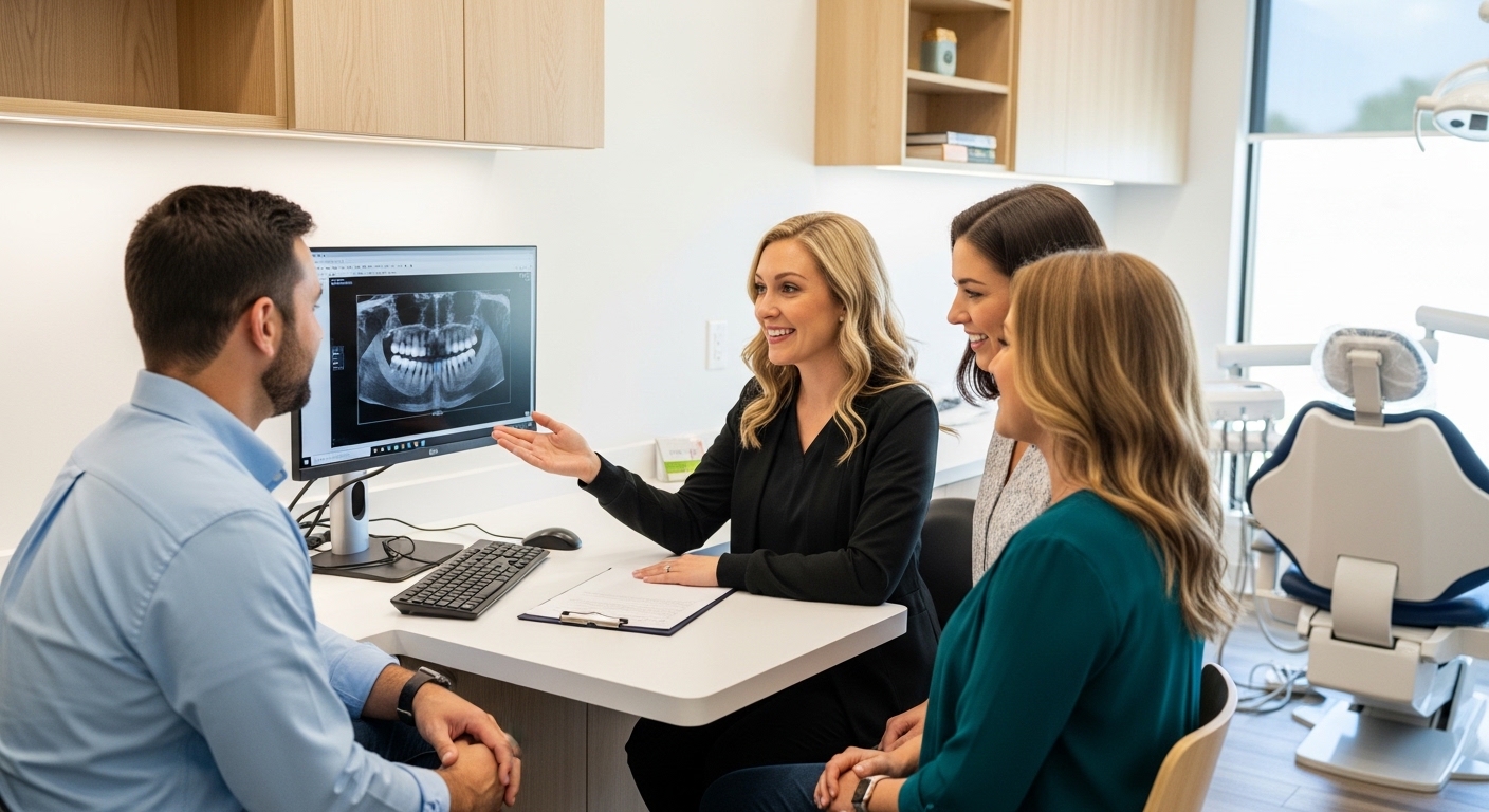 Dentist consulting a family in a modern dental office in Richardson.